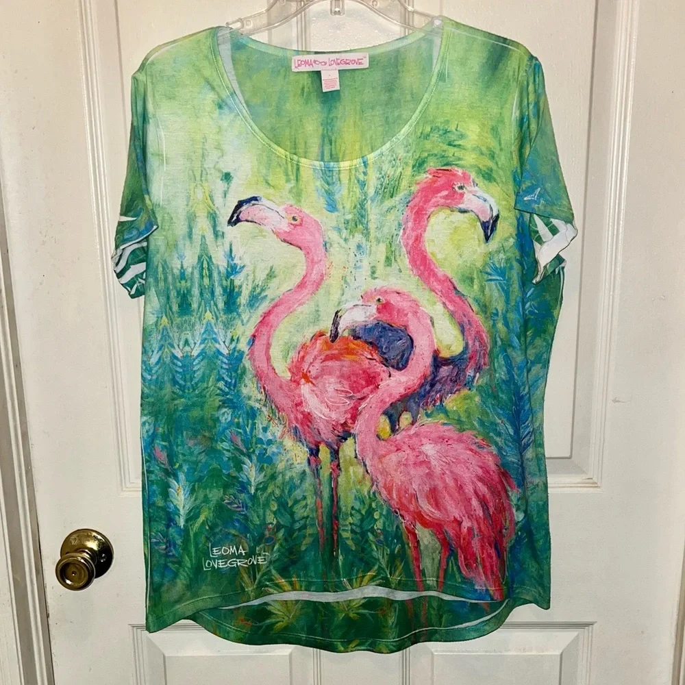 LEOMA LOVEGROVE Women’s Short Sleeve Flamingo Top. Sz L. - Picture 1 of 3